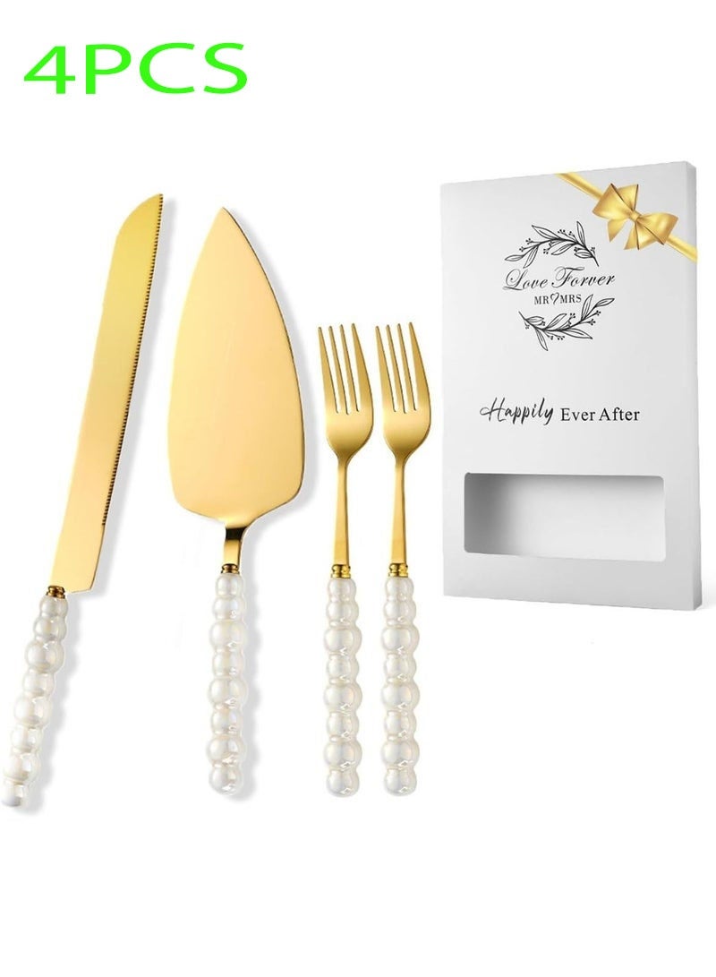 YSR VEF 4 PCS Pearl Cake Serving Set,Wedding Cake Knife and Server Set with Forks,Cake Cutting Set with Stainless Steel Serrated Edges Pearl Handle Cake Cutting Set ,Stainless Steel PieCutter Pizza Spatula, Wedding/Birthday/Anniversary Bridal Gift, Engagement Gift for Couples (Gold) - Image 1